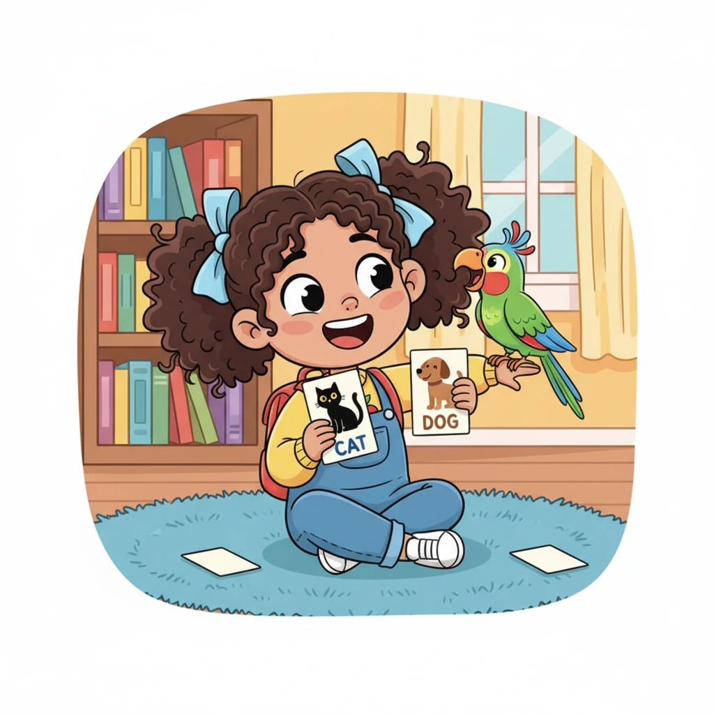 At home, Lily practiced with her pet parrot, Polly, who mimicked her funny pronunciations, making them both giggle. She held up flashcards, pointing at 'cat' and 'dog,' as Polly squawked back, creating a chorus of silly sounds.