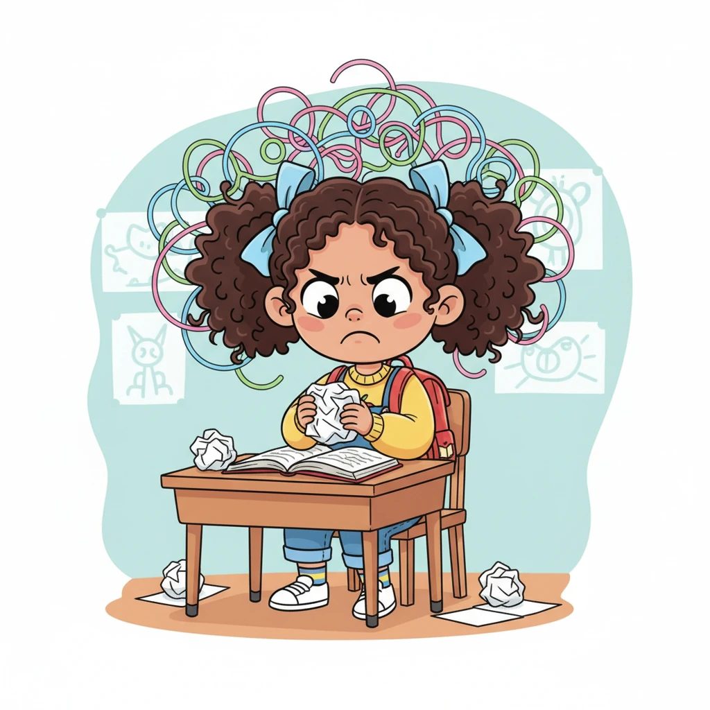 One afternoon, a particularly tricky sentence made Lily's brain feel like a tangled ball of yarn. She crumpled her practice paper into a tiny ball, a big, frustrated frown on her face, feeling like she'd never get it right.