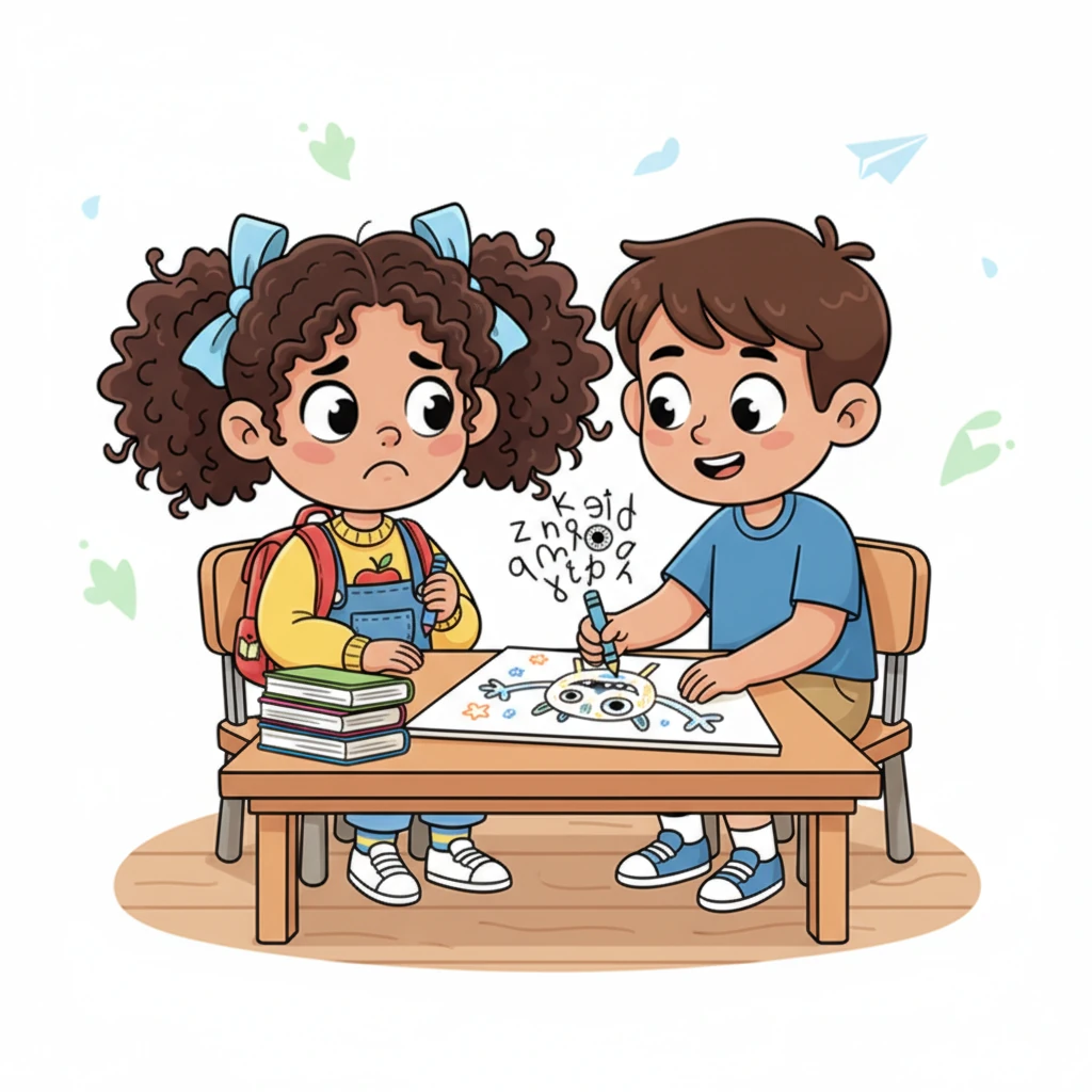 Seeing her frustration, Tom sat beside her, drawing a silly monster that looked just like the confusing English words. He reminded her that making mistakes was part of learning and that they could practice together, turning her frown upside down.