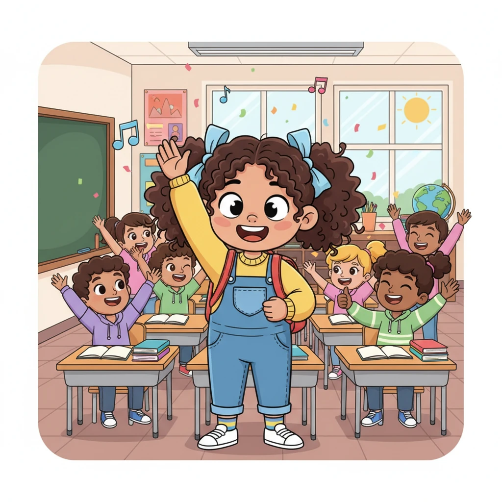 The next day, with a deep breath and a fluttery heart, Lily bravely raised her hand and answered a question in English, clear as a bell! Her teacher clapped, and her classmates cheered, making her cheeks flush with pride and joy.