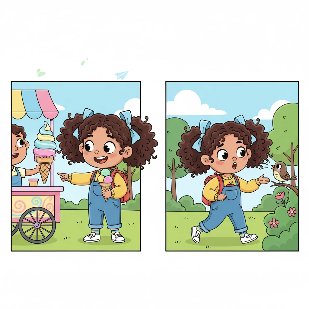 Soon, Lily was confidently ordering a big, swirly ice cream cone in English at the park, her voice clear and bright. She even helped a lost little bird find its way by cheerfully chirping 'Go home!' in English.