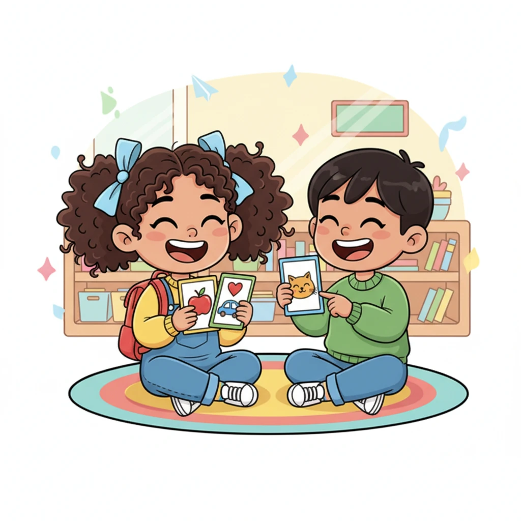 Now, Lily, with a big, confident grin, helped a new student understand English words, holding up picture cards and laughing together. She realized that learning new things could be a wonderful adventure, opening up a whole new world of friends and fun!