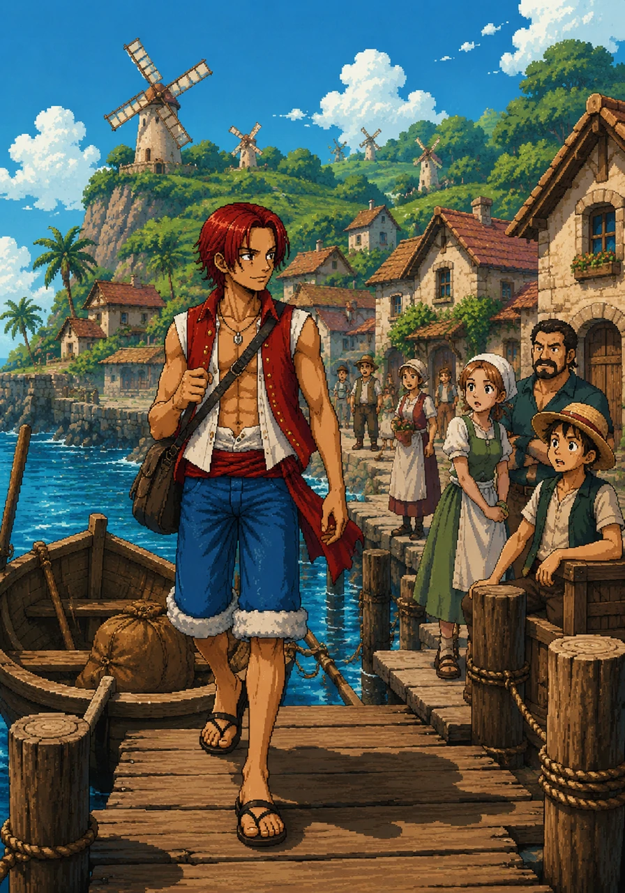 After five days at sea, Kaito spots the lush greenery of the Goa Kingdom and docks his small boat at the peaceful Foosha Village. Though young and small, his handsome face and cool demeanor draw curious glances from the villagers as he searches for food.