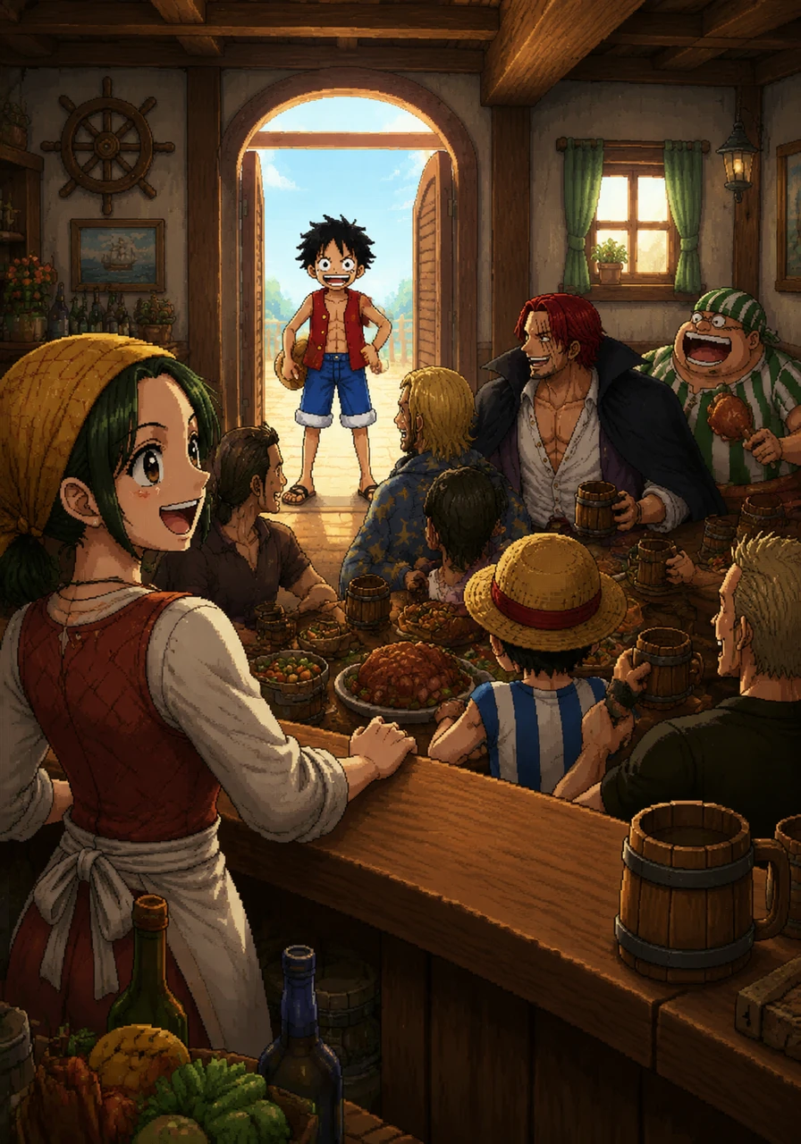Kaito enters a lively tavern where a kind and beautiful woman named Makino welcomes him with a warm smile. Inside, the legendary Red Hair Pirates are feasting, their boisterous laughter filling the air as they notice the mysterious young boy who just walked in.