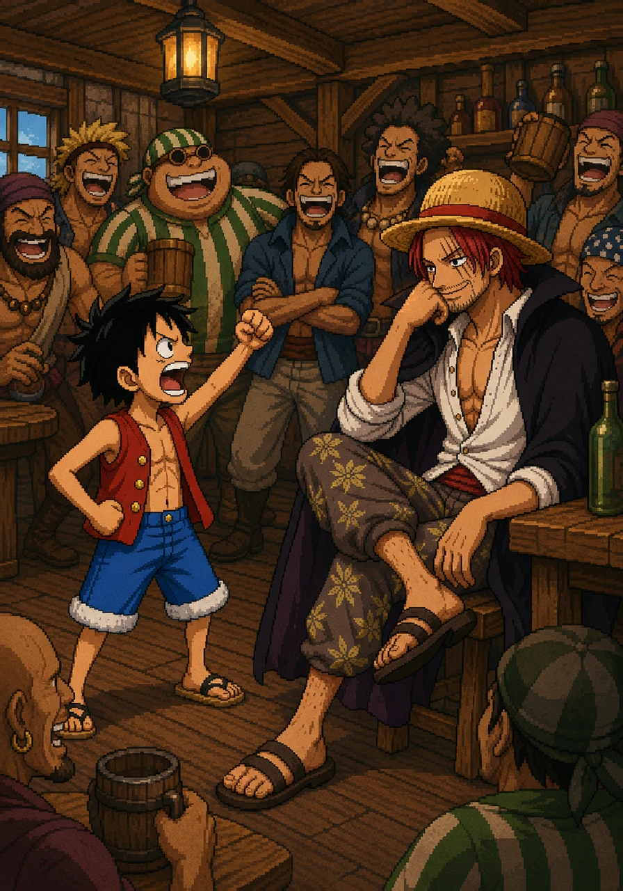 A seven-year-old boy named Luffy bursts into the tavern, shouting his dream of joining the pirate crew to Captain Shanks. Shanks playfully teases the boy, calling him a brat while the rest of the crew roars with laughter at their captain's jokes.