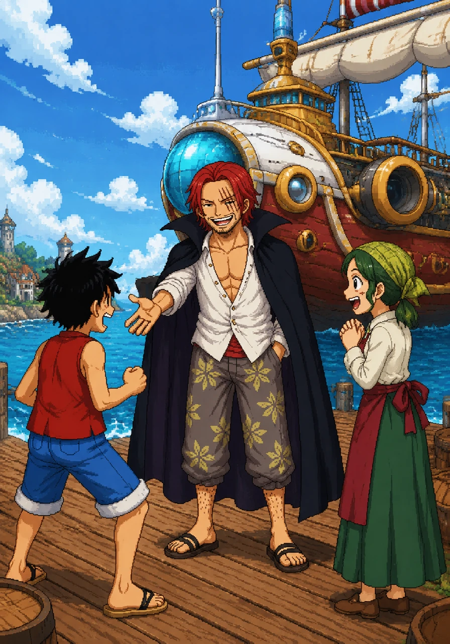 Kaito approaches Luffy and invites him to join his own crew, promising an adventure on a magical boat equipped with incredible technology. Captivated by Kaito’s mysterious charm and the promise of a grand journey, Makino decides to join them as their cook, leaving her quiet life behind.