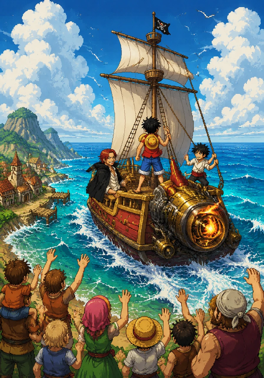 The trio sets sail from the village, and Kaito’s simple boat instantly transforms into a magnificent vessel with advanced features like the Coup de Burst. From the shore, the villagers wave goodbye as the small but ambitious crew heads toward the horizon of the Grand Line.