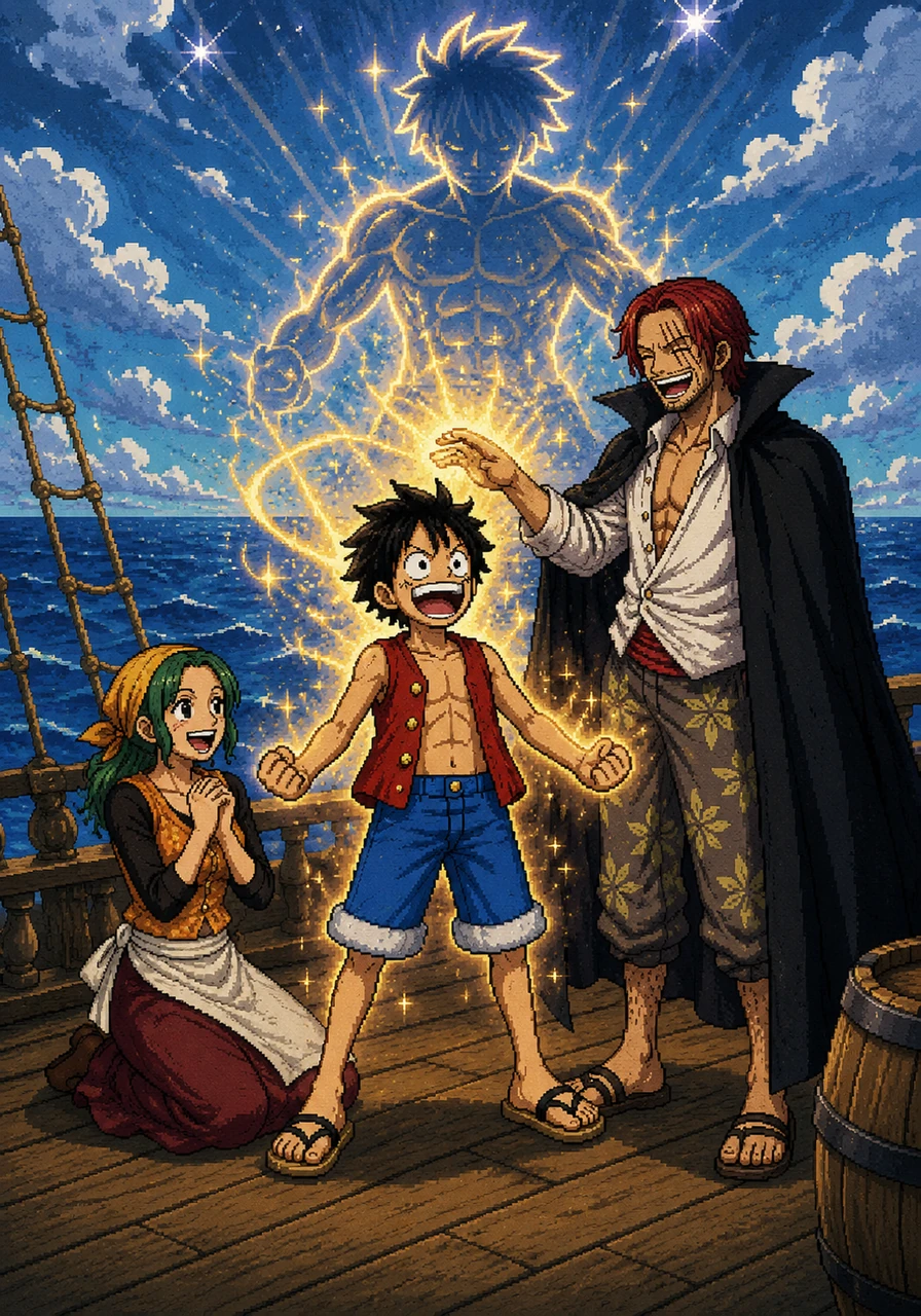 On the open sea, Kaito grants Luffy and Makino their own systems, bestowing Luffy with the Undead Immortal Physique that allows him to heal instantly from any wound. As they explore their new powers, their bond as a crew strengthens, and Kaito feels his own strength multiply a hundredfold.