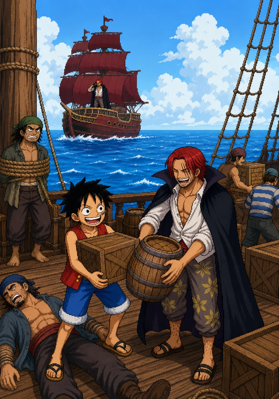 The Red Force follows from a distance as Shanks watches over the young crew, curious about their strange and rapid growth. Kaito and his friends encounter rival pirates and steal supplies, their journey just beginning as they prepare to face the challenges of the vast blue ocean.