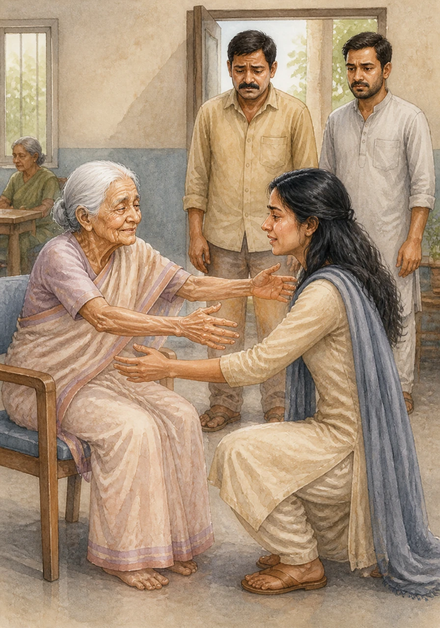 वृद्धाश्रम के एक कोने में बैठी शारदा देवी की धुंधली आँखें दरवाजे की ओर टकटकी लगाए किसी अपने का इंतज़ार कर रही थीं। जैसे ही अनन्या ने उन्हें पुकारा, माँ के कांपते हाथ अपनी बेटी को गले लगाने के लिए बढ़ गए। उस मिलन में सालों का दर्द और ममता की तड़प एक साथ बह निकली।