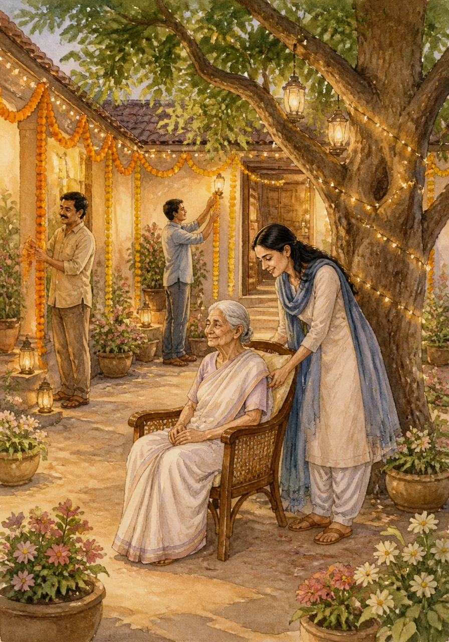 अनन्या ने आँगन के उस पुराने पेड़ के नीचे माँ के लिए एक आरामदायक कुर्सी लगाई, जहाँ वे कभी कहानियाँ सुनाया करती थीं। उसने घर के हर कोने को फूलों और रोशनी से सजाया ताकि माँ को फिर से वही अपनापन महसूस हो सके। घर की दीवारें अब फिर से खुशियों की गूँज सुनने के लिए तैयार थीं।