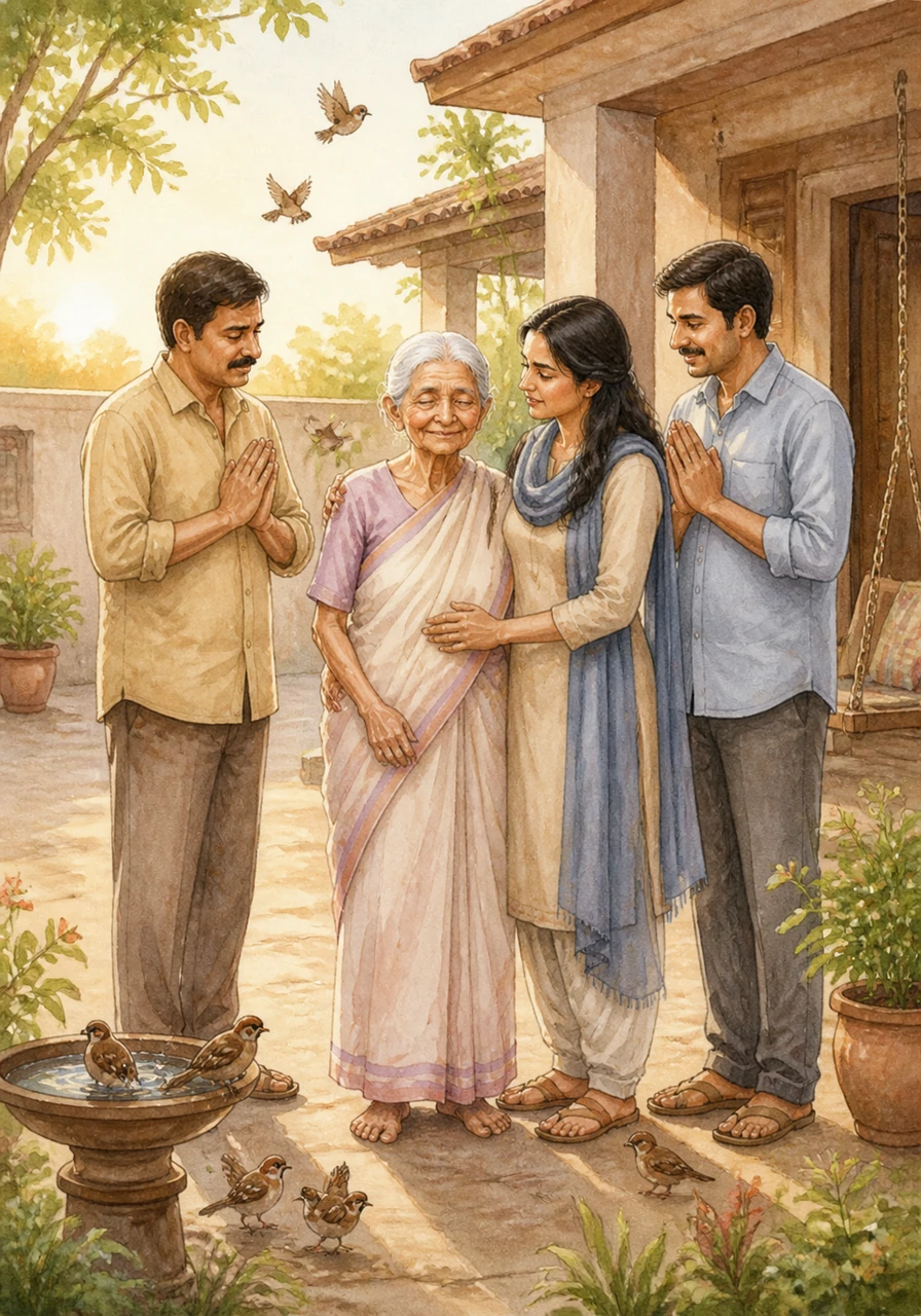 सुबह की पहली किरण के साथ ही आँगन में गौरैया चहचहाने लगीं, जैसे वे भी घर की मालकिन की वापसी का जश्न मना रही हों। शारदा देवी के चेहरे पर अब शांति और संतोष था, क्योंकि उनकी बेटी ने उन्हें केवल एक घर नहीं बल्कि उनका स्वाभिमान वापस दिया था। अनन्या ने साबित कर दिया कि बेटियाँ भी वंश का मान और माँ का सहारा होती हैं।
