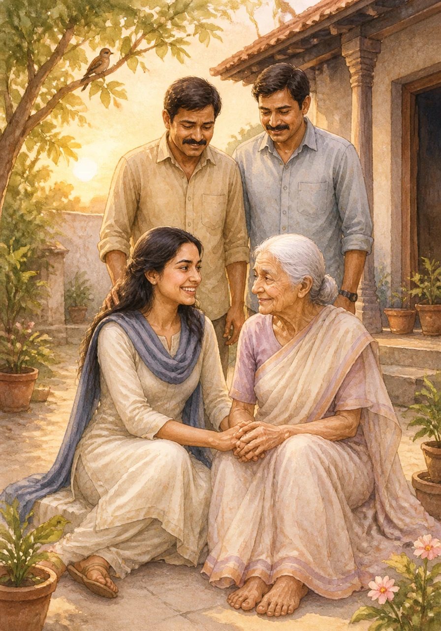शाम की सुनहरी धूप में माँ और बेटी एक-दूसरे का हाथ थामे आँगन में बैठे थे, और उनकी हँसी हवाओं में घुल रही थी। यह केवल एक घर की वापसी नहीं थी, बल्कि रिश्तों की जीत और एक नए सवेरे की शुरुआत थी। आँगन की चिरैया अब आज़ाद थी और अपने घर के सुरक्षित साये में चहक रही थी।