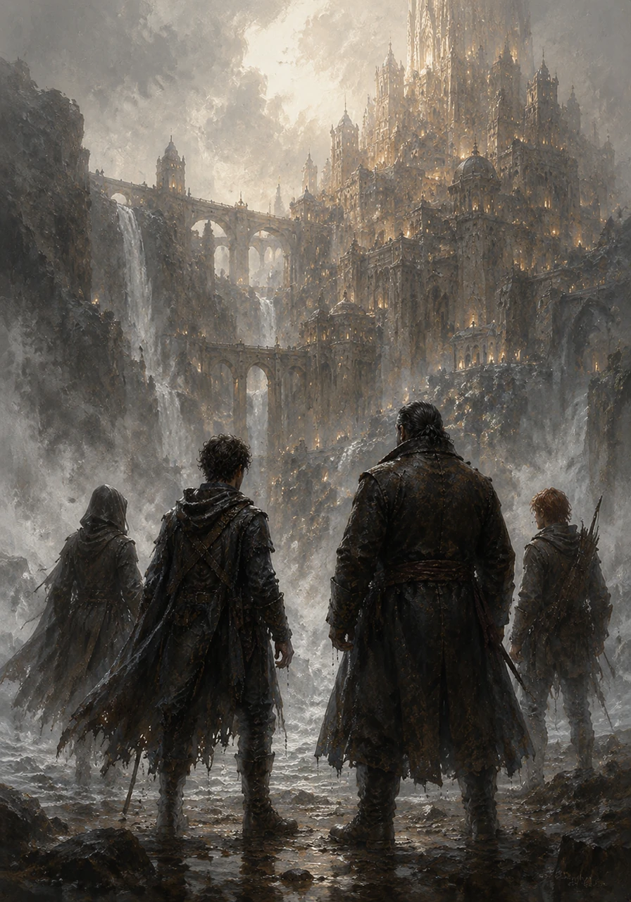 The four travelers emerge from the mist of the Great Falls, their clothes heavy with river water and the grime of the road. Before them rises the majestic city of Aethelgard, a vertical wonder of glowing bridges and ancient stone that promises safety, yet feels cold and imposing.