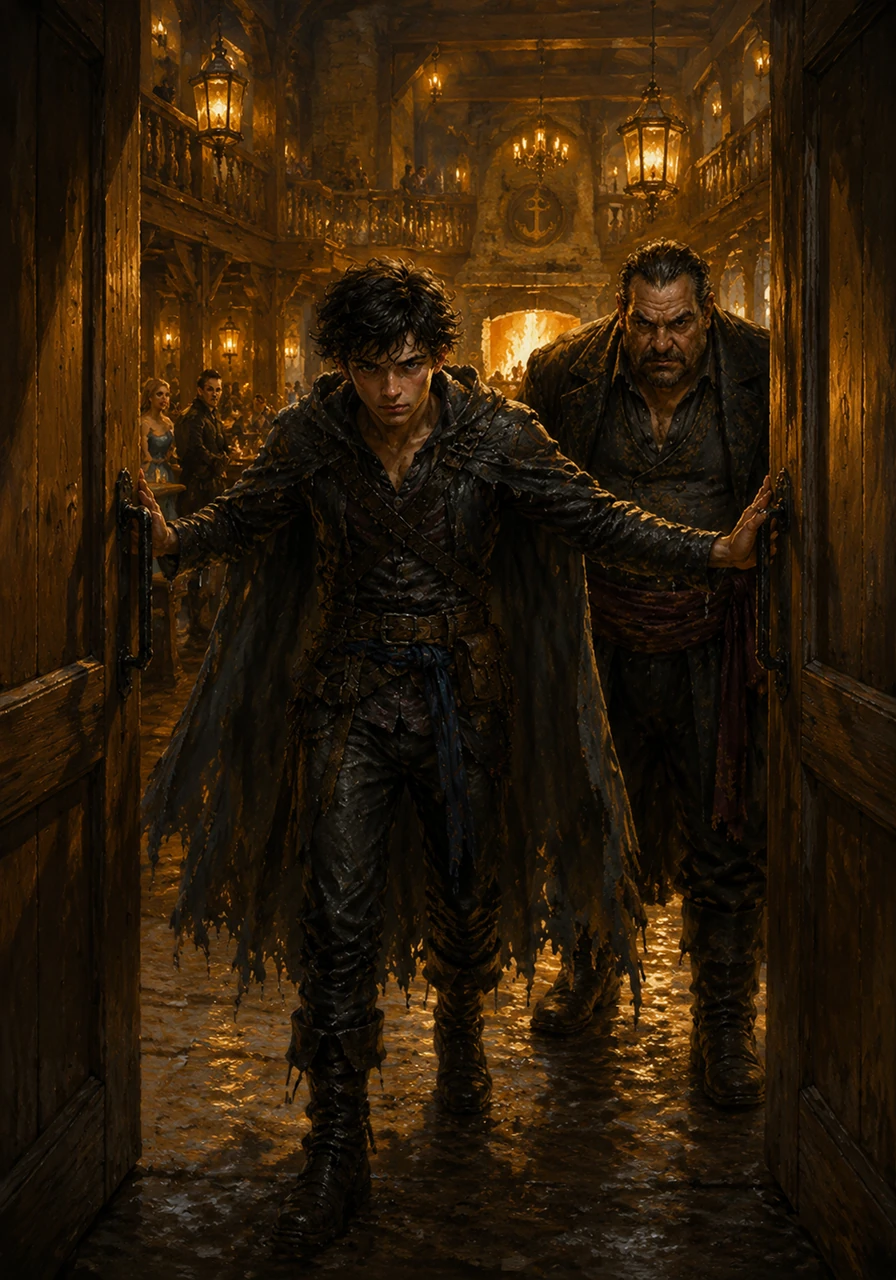They push open the heavy oak doors of the Gilded Anchor, a luxurious inn where golden lanterns cast long, moody shadows across polished wooden beams. The warmth of the hearth is a sharp contrast to their shivering frames, but the opulence of the hall makes them feel like intruders in a world of wealth.