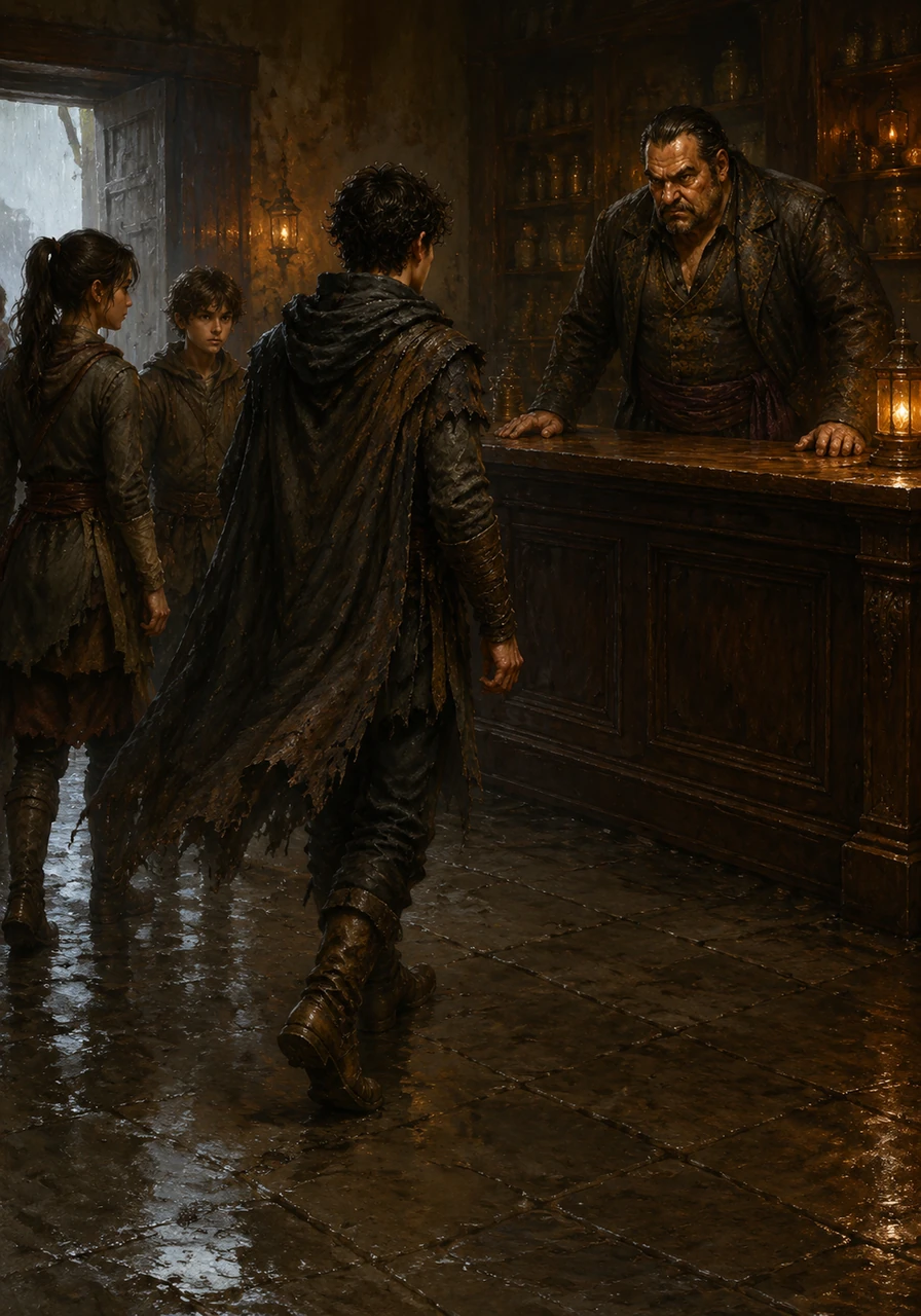 Mason leads his siblings toward the massive dark wooden counter, his boots leaving damp prints on the wet stone floor. Behind the desk stands Silas, the innkeeper, whose slicked-back hair and embroidered tunic mark him as a man of status and little patience.