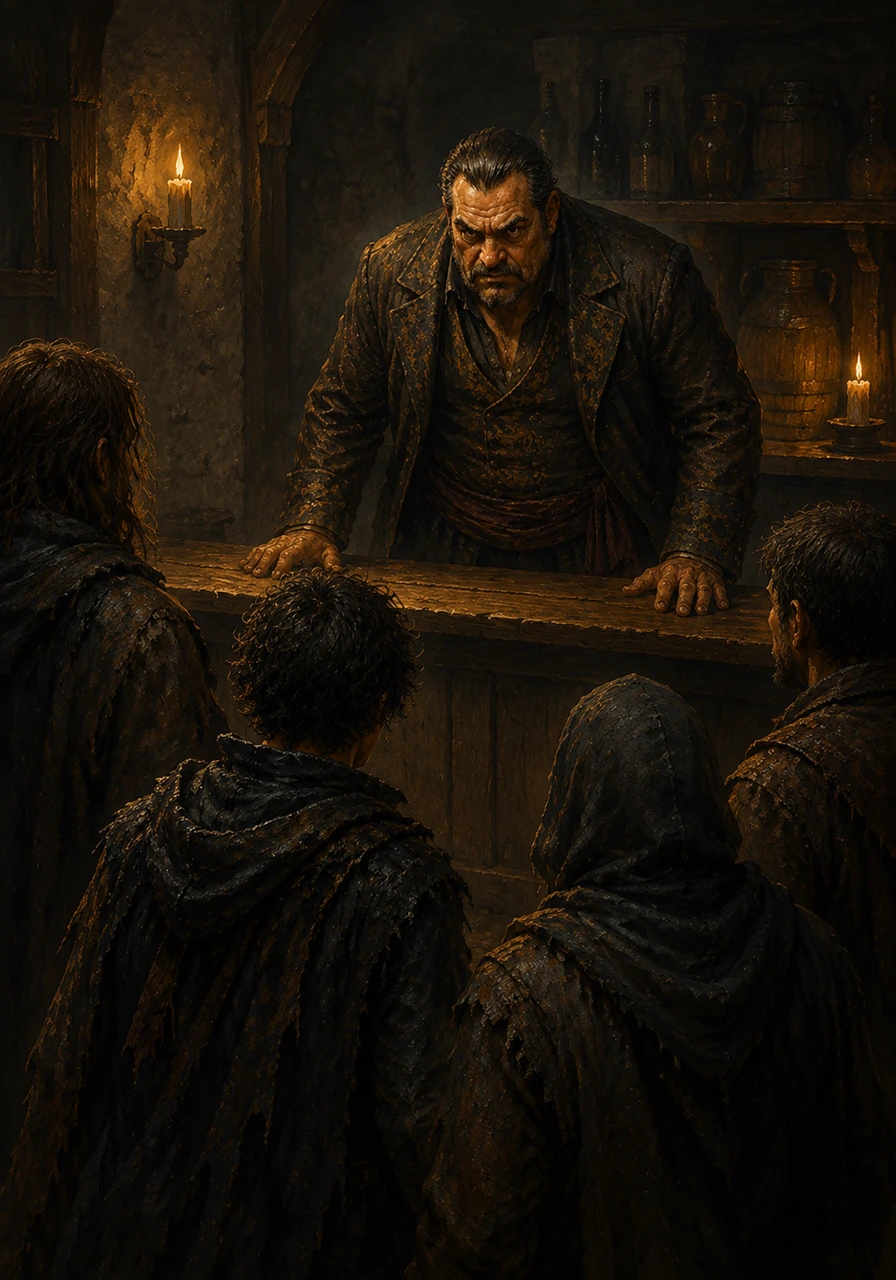 Silas leans over the counter, his eyes narrowing as he surveys the ragged group with deep distrust. The air in the room grows heavy and still, the flickering candlelight catching the sharp, dangerous lines of his face as he demands to know their business.