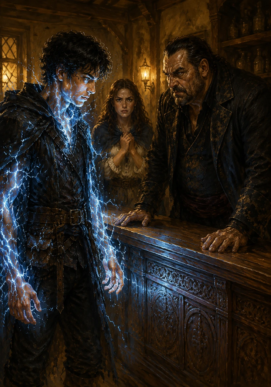 Under the pressure of the innkeeper’s interrogation, a blue-white magical energy begins to crackle across Mason’s skin like liquid lightning. The glow illuminates the intricate carvings of the counter and casts dancing shadows against his sister Elara’s anxious, determined face.