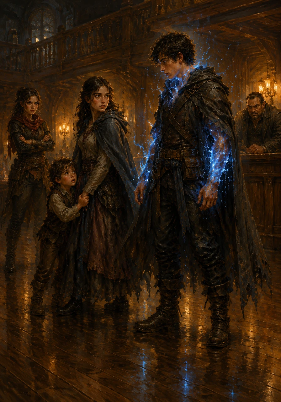 The younger brother, Leo, clings to Elara’s cloak with wide, nervous eyes while Mia stands behind them, her arms crossed in a defensive glare. The scent of ozone fills the air as the sparks from Mason’s arms drift upward, reflecting in the polished wood of the grand lobby.