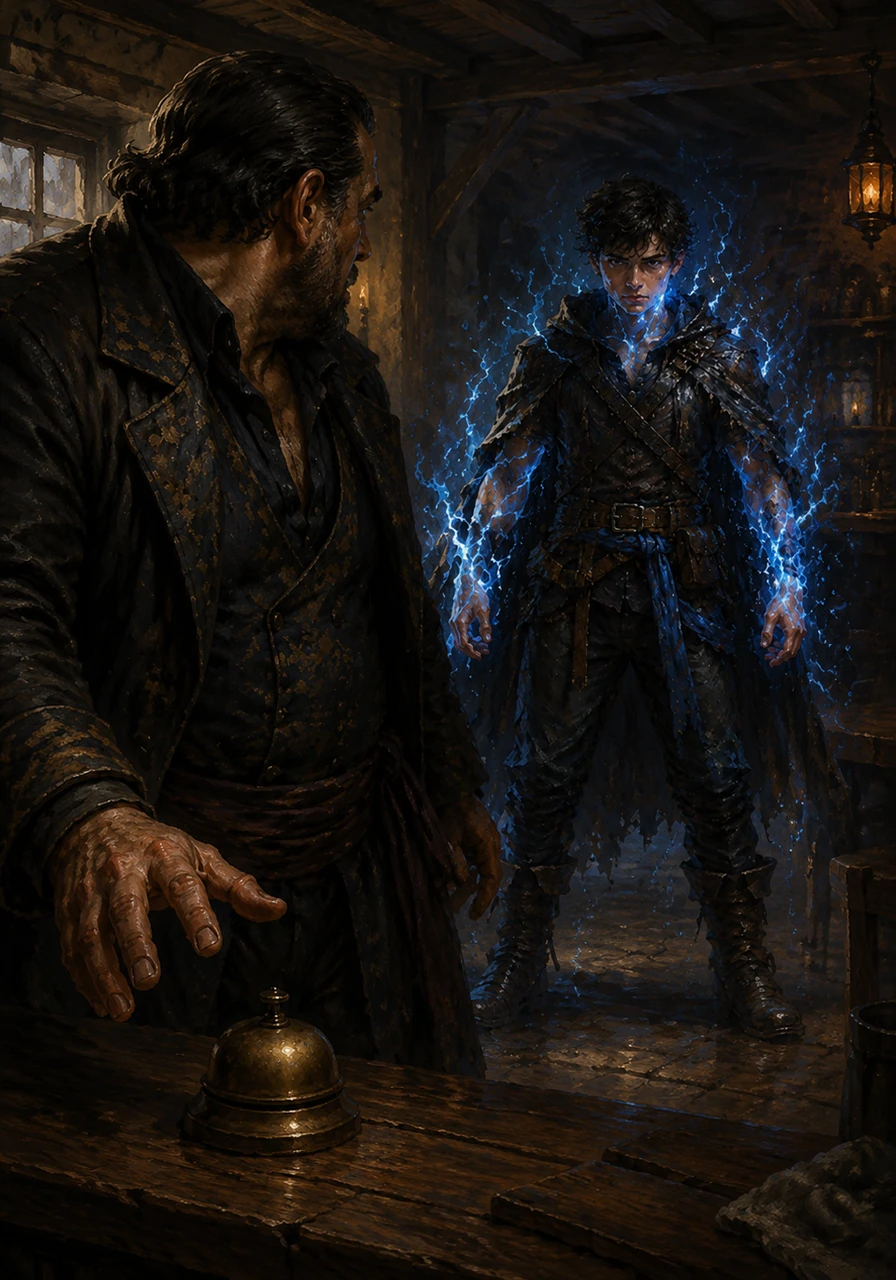Silas freezes, his hand hovering near a bell as he stares at the raw power manifesting before him. The tension is a physical weight, a silent battle of wills between a man who has seen too much and a boy who is carrying the weight of his family’s survival.