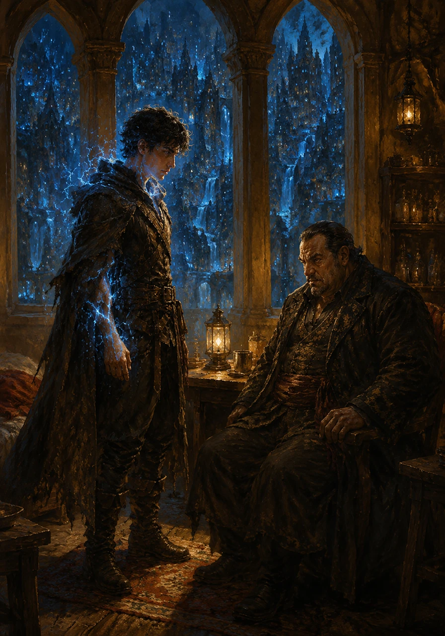 Through the towering arched windows behind them, the magical city glows with a thousand blue lights, waterfalls plunging into the depths between skyscrapers of stone. The breathtaking view serves as a silent witness to the small, desperate drama unfolding within the golden-lit walls of the inn.