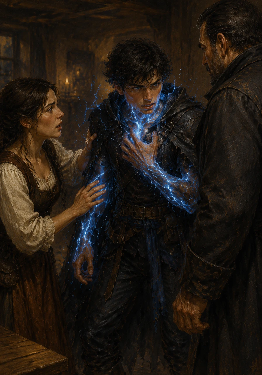 Elara speaks softly but firmly, her voice cutting through the hum of Mason’s magic to plead for a single night of rest. Mason struggles to breathe, his eyes locked on Silas, his body a map of glowing branches that pulse with the rhythm of his racing heart.