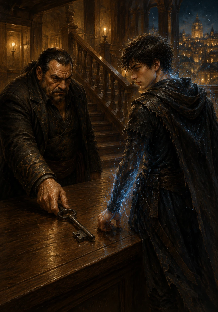 After a long, agonizing silence, Silas sighs and slides a heavy iron key across the dark wood toward Mason’s sparking hand. The energy begins to recede into a soft shimmer as the siblings turn toward the stairs, finally finding a moment of peace in a city that feels like a beautiful, dangerous dream.