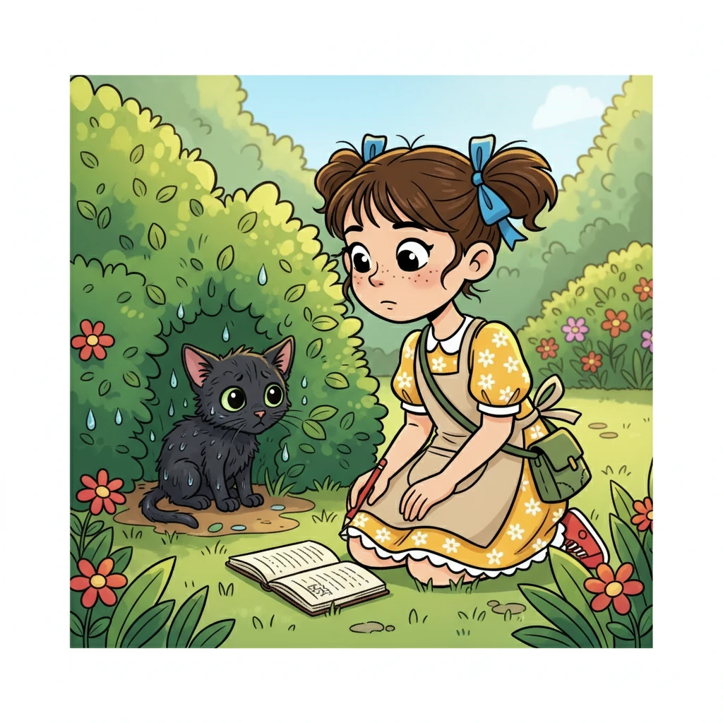 Um dia ensolarado, enquanto desenhava uma flor rara com pétalas cor-de-rosa, Isabele ouviu um miado fraco vindo de dentro de um arbusto. Curiosa, ela se aproximou e encontrou um pequeno gatinho preto, encharcado de chuva e tremendo de frio. Seus olhos verdes brilhavam assustados.