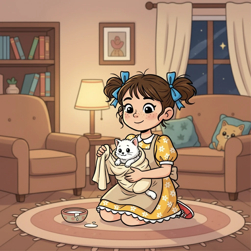 Com o coração cheio de compaixão, Isabele pegou o gatinho no colo e o levou para casa. Lá, ela o secou com cuidado, deu-lhe um pouco de leite morno e o envolveu em uma toalha macia. Decidiu chamá-lo de Lumi, que significa luz, pois o gatinho parecia trazer alegria.