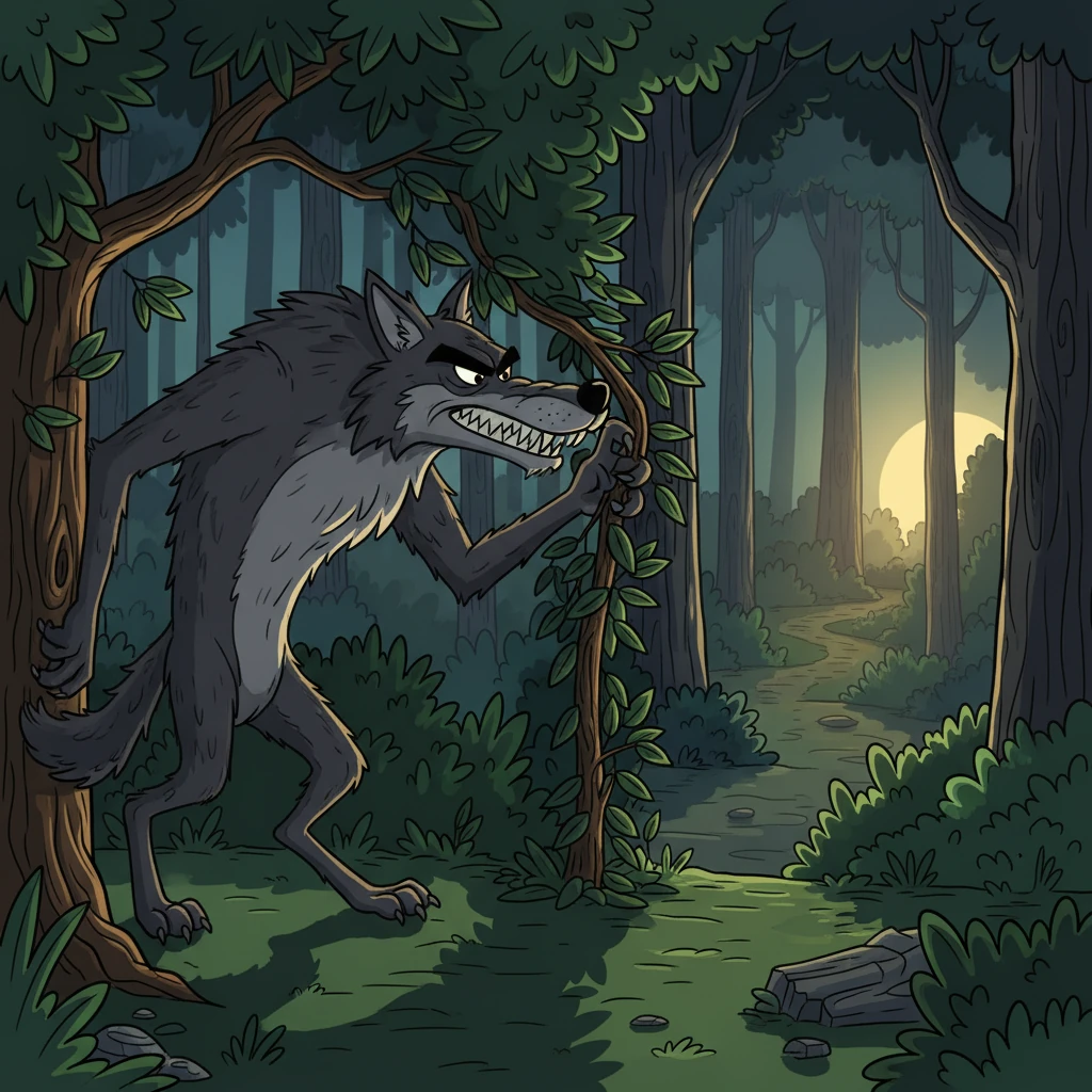 Deep within the same woods, a giant, scowling Big Bad Wolf lurks, his eyes scanning for a tasty snack. His fur is shaggy and his teeth are sharp, casting a long, intimidating shadow. He grumbles to himself, "I'm so hungry!"