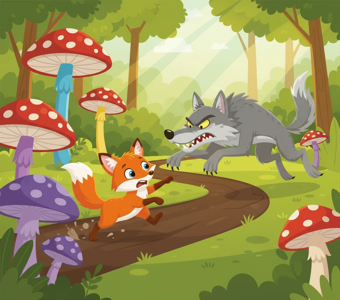 Suddenly, the Wolf spots Pip's bushy tail peeking from behind a mushroom. With a hungry growl, he leaps forward, chasing the startled little fox through the winding paths. Pip's heart thumps like a drum as he races away.