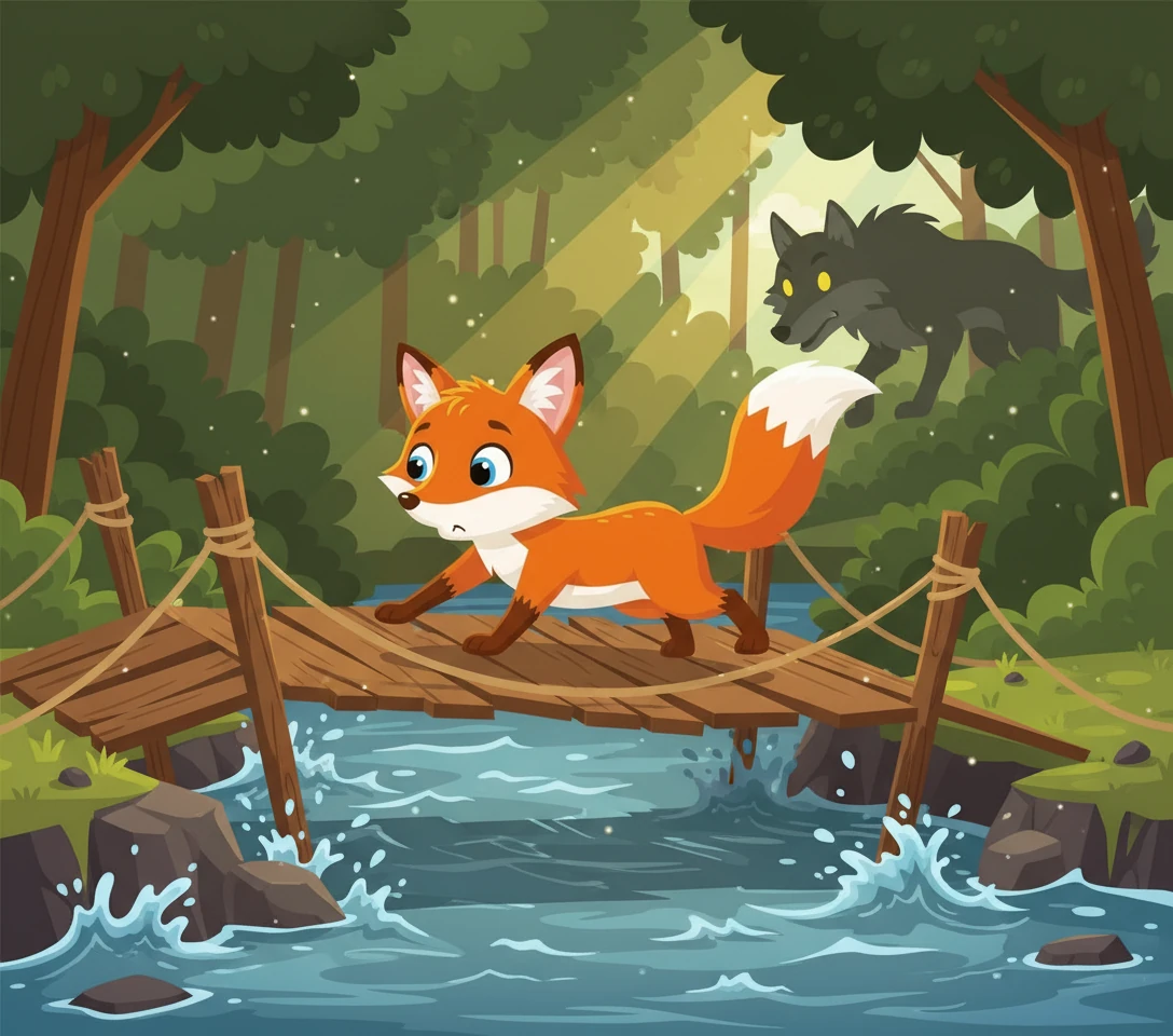 Pip darts towards an old, rickety wooden bridge that spans a wide, gurgling river. The bridge looks very unstable, with missing planks and wobbly railings. He knows it's a risky path, but the wolf is close behind.