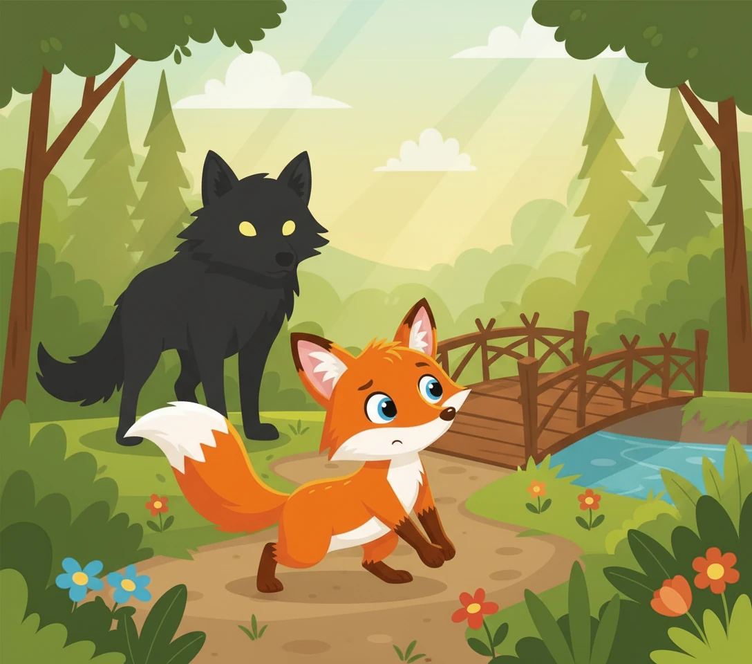 An idea sparks in Pip's clever mind. He stops just before the bridge, pretending to trip and sprain his ankle, letting out a convincing whimper. He looks back at the approaching wolf with wide, innocent eyes, hoping his act will work.