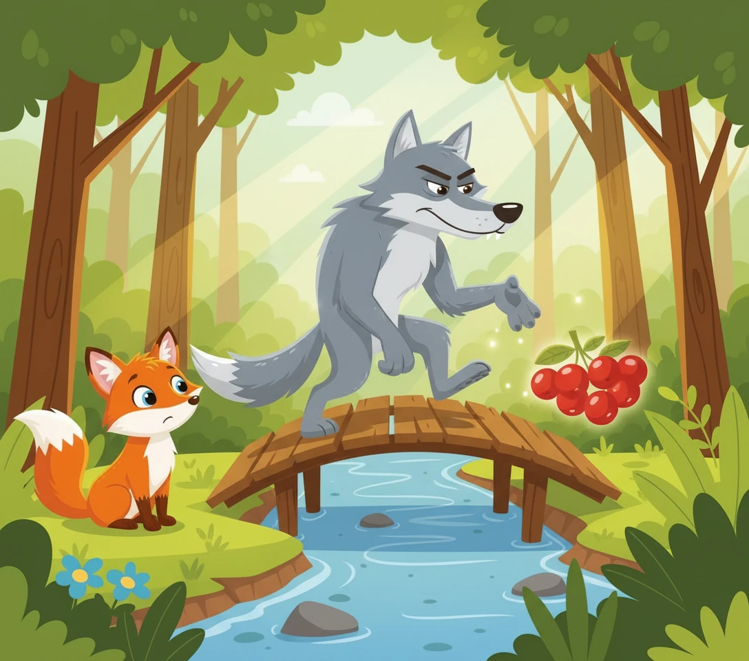 The greedy Wolf, seeing the imagined glistening berries and thinking of a delicious treat, snarls, "Weak? Nonsense! A big, strong wolf like me can cross any bridge!" He confidently steps onto the first creaky plank, eager for the prize.