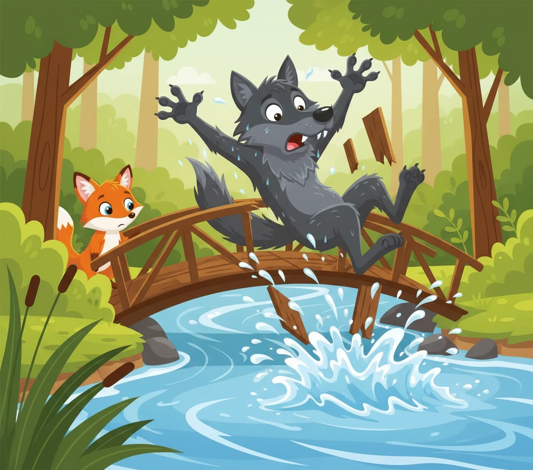 With a loud CRACK and a SPLASH, the rotten bridge collapses under the Wolf's heavy weight! He tumbles into the cold, fast-flowing river, flailing his arms and legs, soaked and sputtering. His angry growls turn into surprised yelps.