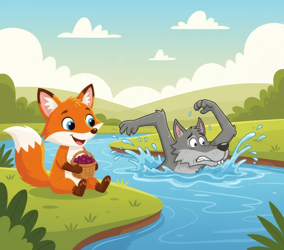 Pip watches from the safe side of the bank, giggling as the Big Bad Wolf struggles to paddle to shore, completely defeated and looking very silly. The berries, of course, were just ordinary, dull berries, but the Wolf's greed had blinded him.