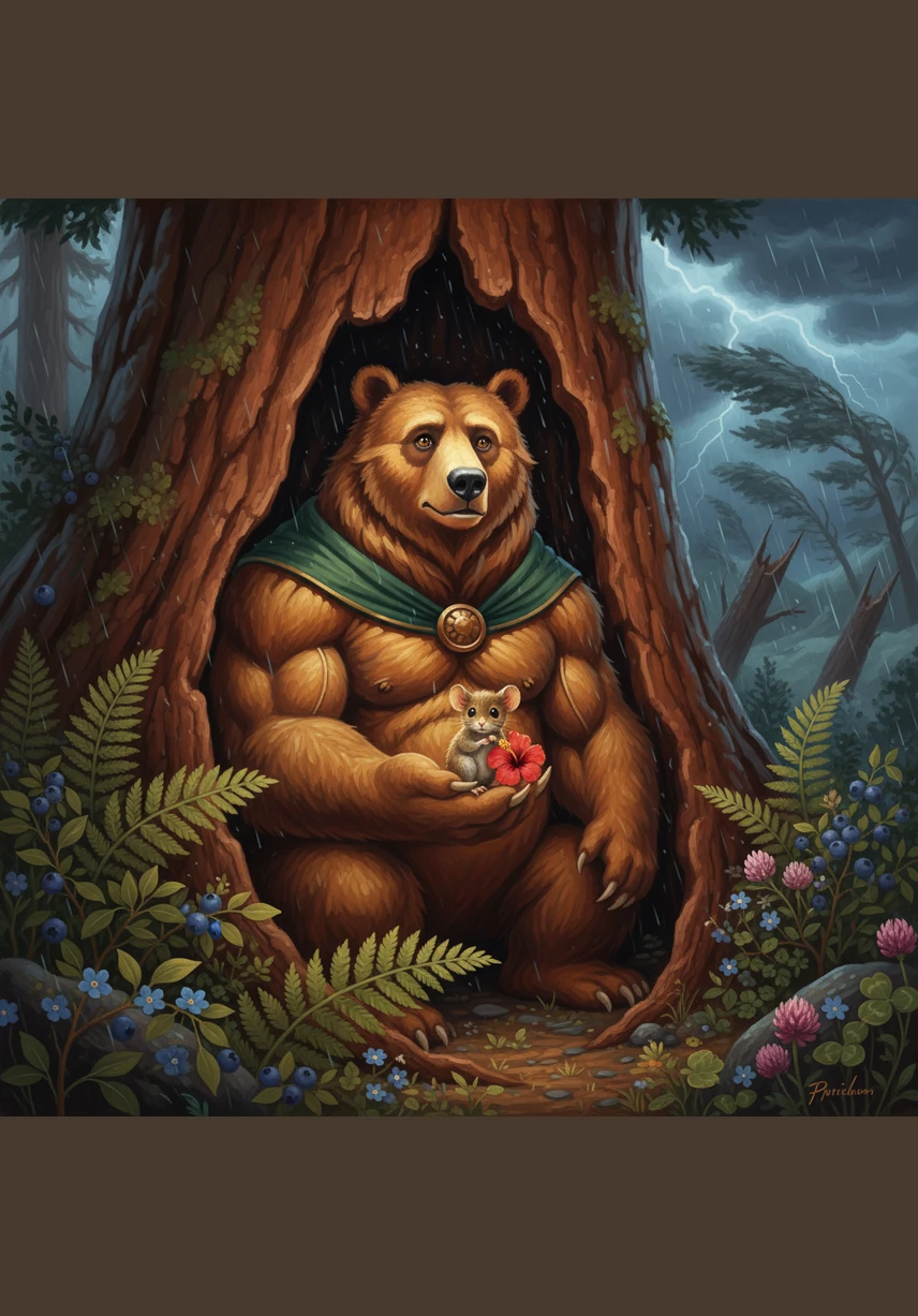 Barnaby was a very large bear with a very small heart for adventure. While other bears climbed tall trees and splashed in the rushing river, Barnaby preferred to stay tucked inside his cozy cave with his favorite soft blanket pulled up to his chin.