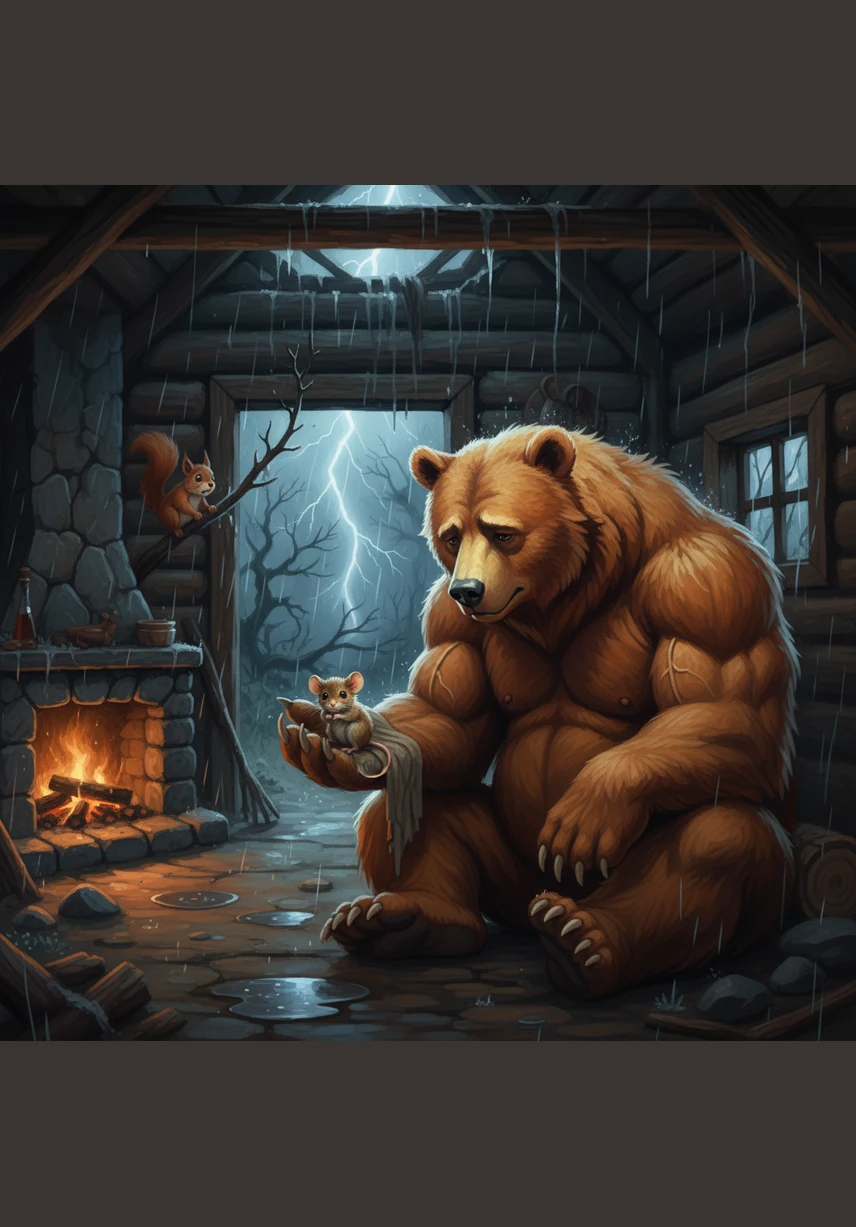 One afternoon, a sudden crack of thunder echoed through the valley, making the ground shake beneath Barnaby's paws. The big bear let out a tiny whimper and hid under his bed, certain that the loud noises were chasing him.