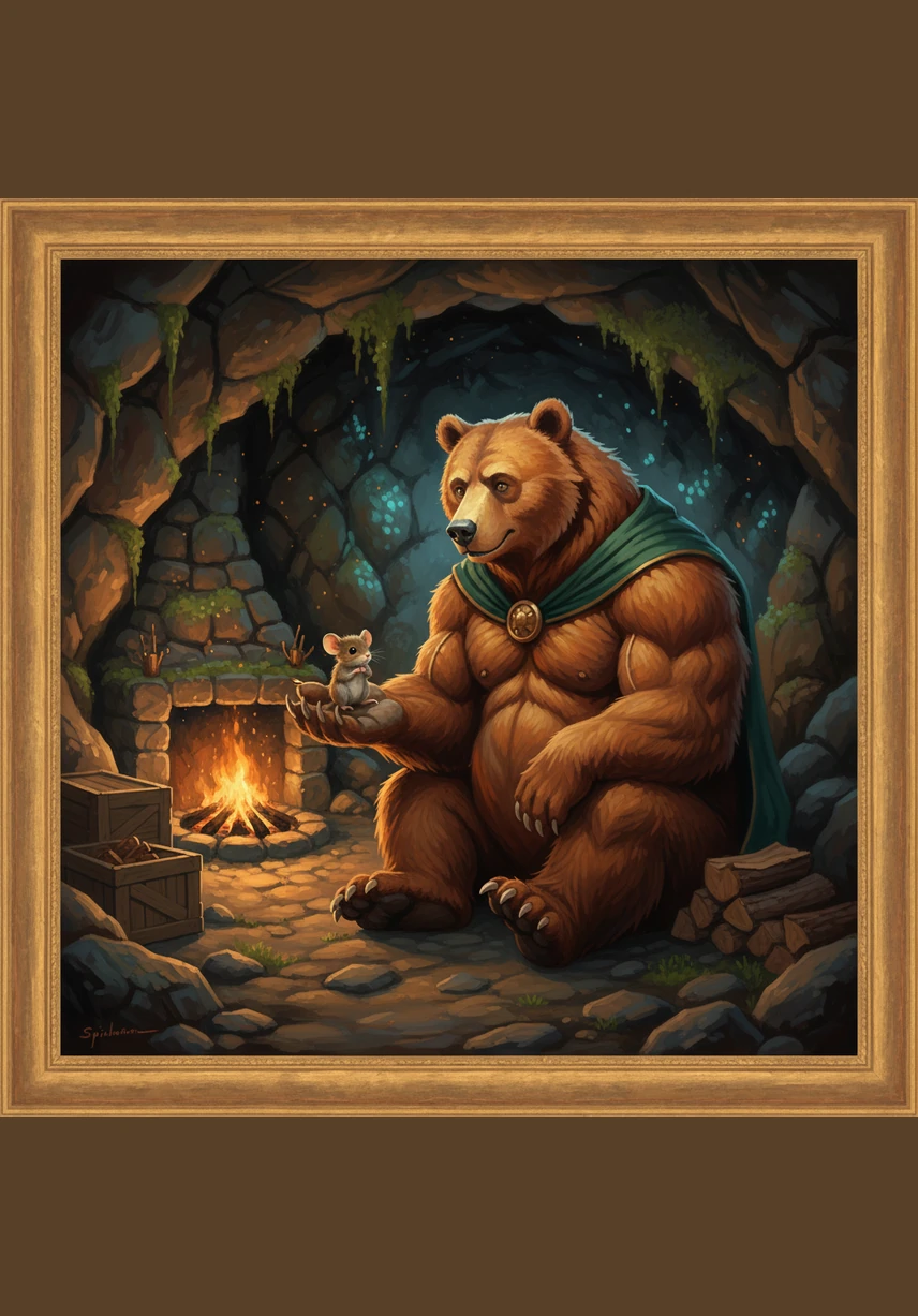 A tiny mouse named Pip scurried into the cave, carrying a single bright berry and a wide, friendly smile. Even though Pip was small enough to fit in the palm of Barnaby’s paw, he stood tall and greeted the giant bear with a fearless, happy squeak.