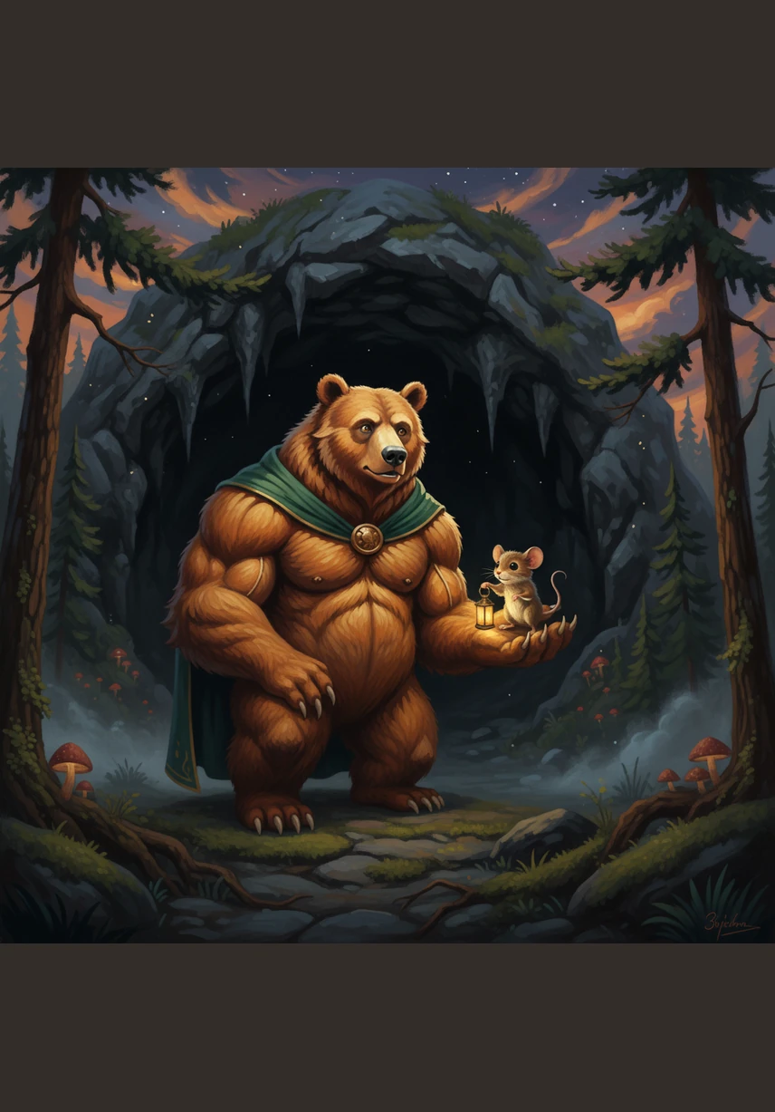 With a gentle tug on Barnaby’s fur, Pip encouraged the bear to take one small, brave step outside the cave entrance. Barnaby felt his heart racing, but seeing Pip’s confidence gave him the strength to keep his paws moving forward into the unknown.