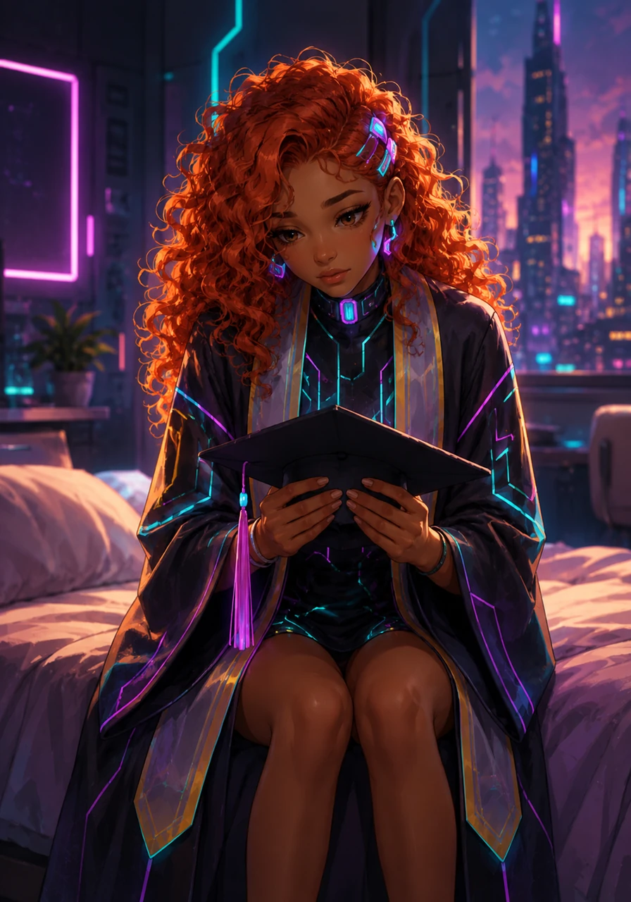 Elena se sienta al borde de su cama, vestida con su toga de graduación de la preparatoria, contemplando su birrete. Su cabello cobrizo brilla bajo la suave luz de la tarde y sus ojos reflejan una mezcla de orgullo y profunda incertidumbre sobre el gran paso que está por dar.