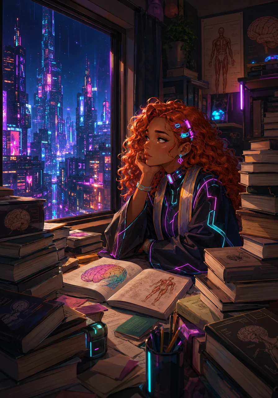 Rodeada de libros gruesos sobre el sistema nervioso y anatomía humana, Elena se distrae mirando por la ventana de su habitación. Aunque su meta de convertirse en neuróloga está clara, la montaña de guías de estudio para el examen de admisión universitario la hace refugiarse en un largo momento de procrastinación.