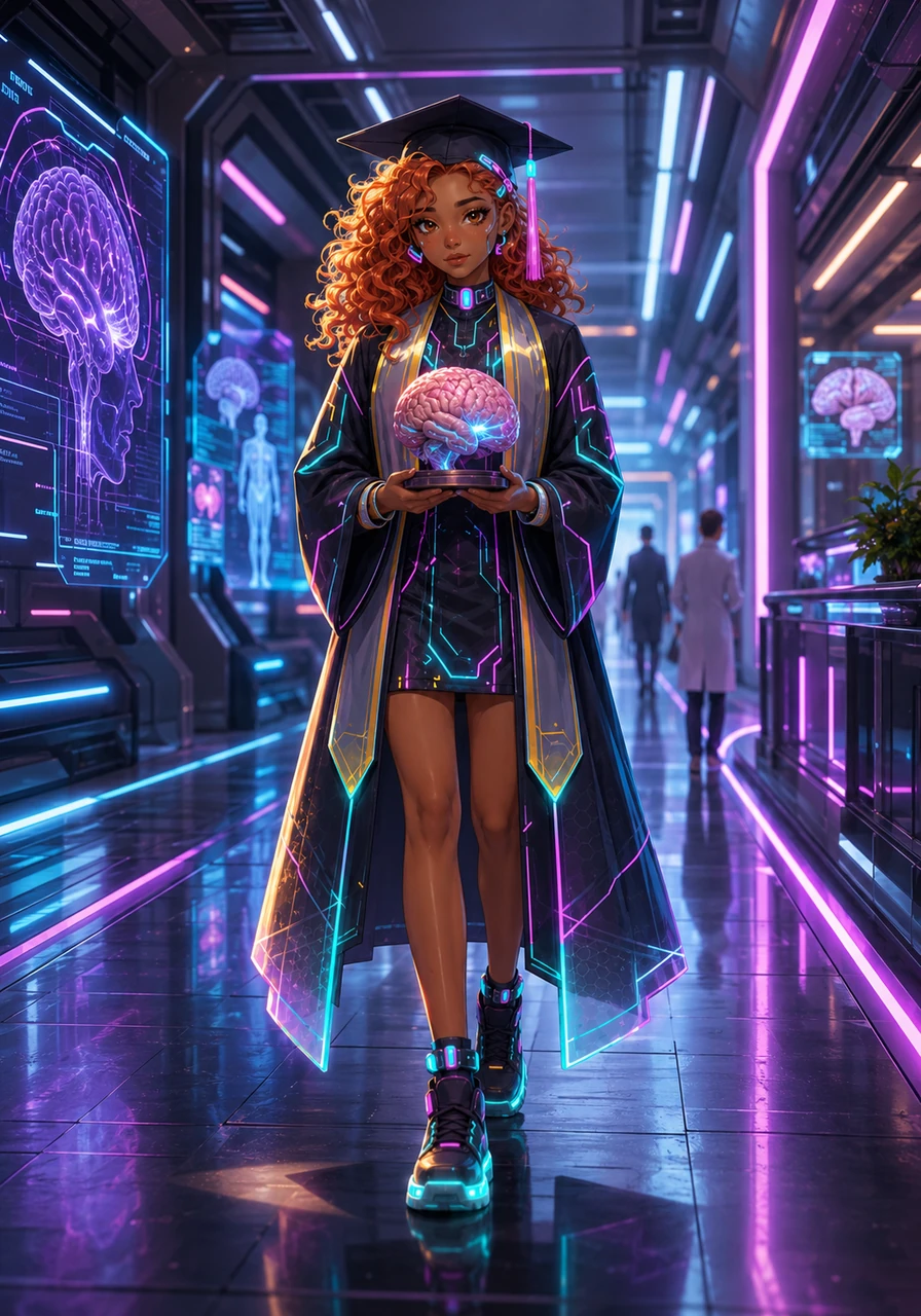 En su primer día de clases en la facultad de medicina, Elena camina por los pasillos sosteniendo un modelo a escala del cerebro humano. Su estatura de 1.68 metros y su postura erguida reflejan una nueva confianza, lista para asumir la responsabilidad de su futuro.
