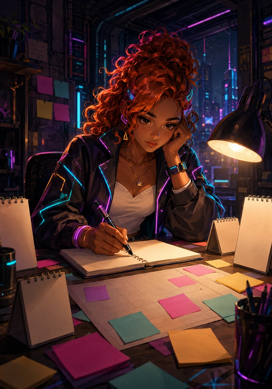 Elena pasa la noche en vela organizando su escritorio con calendarios detallados y notas de colores para vencer definitivamente la procrastinación. La luz de la lámpara ilumina su rostro decidido mientras escribe sus metas semanales con absoluta madurez.