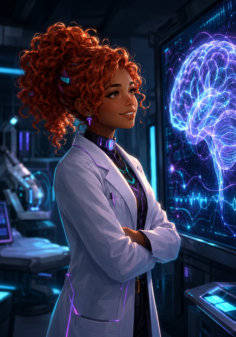 Elena asiste a su primera práctica clínica real vistiendo una bata blanca impecable que contrasta con su tez morena y su cabello cobrizo. Al mirar el monitor que muestra la actividad cerebral de un paciente, sonríe con la certeza de que está exactamente donde pertenece.