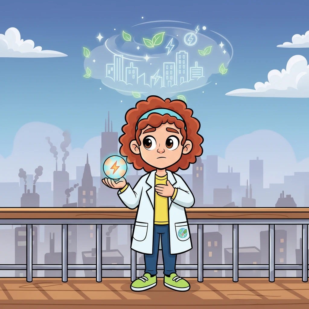 Dr. Sparkle looks out at a slightly hazy city, a thoughtful expression on her face. She dreams of a brighter, cleaner world for everyone, free from yucky smoke.