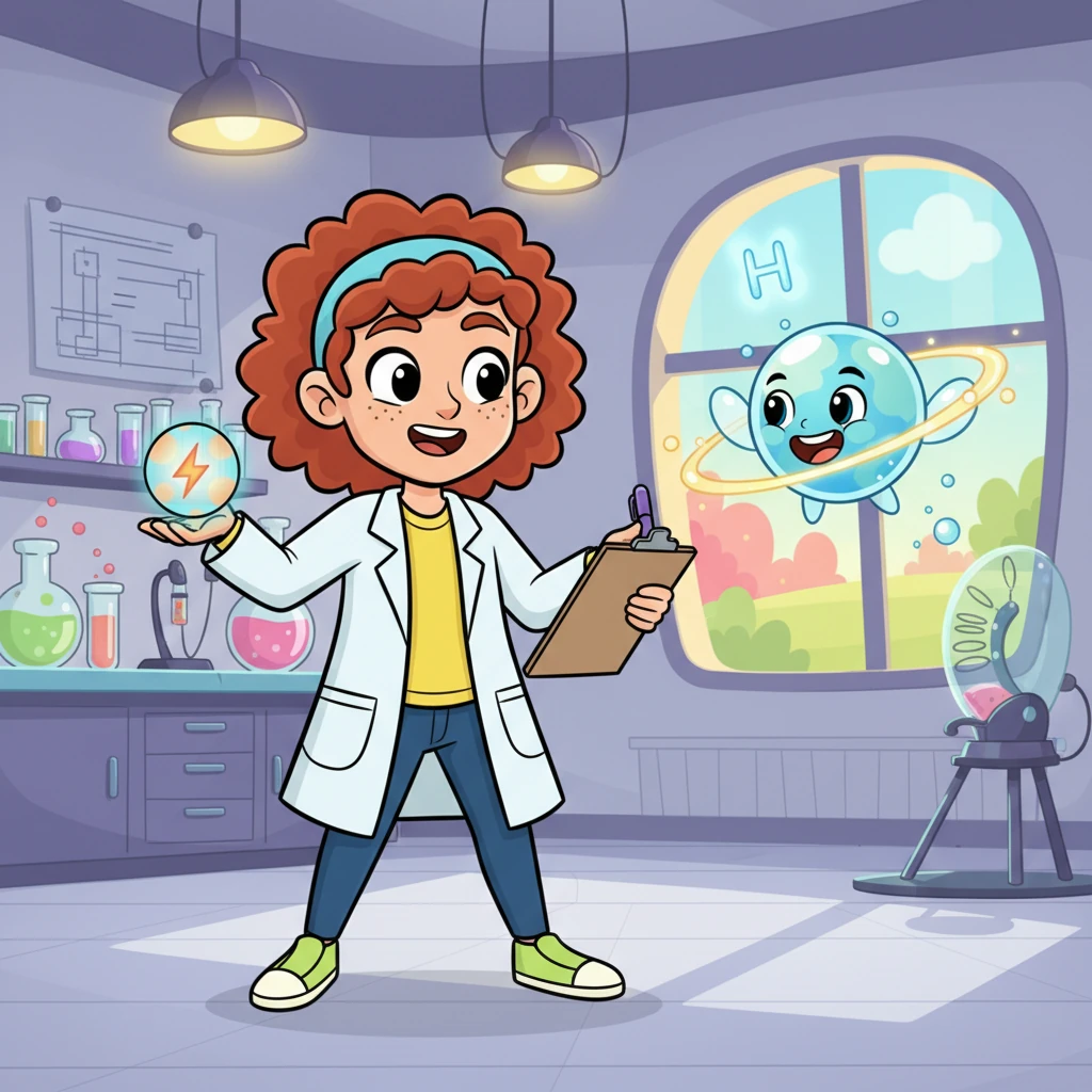 Suddenly, a tiny, shimmering, bubbly atom named Hoppy H zips into her lab, full of energy and cheer. He introduces himself as the amazing Hydrogen!