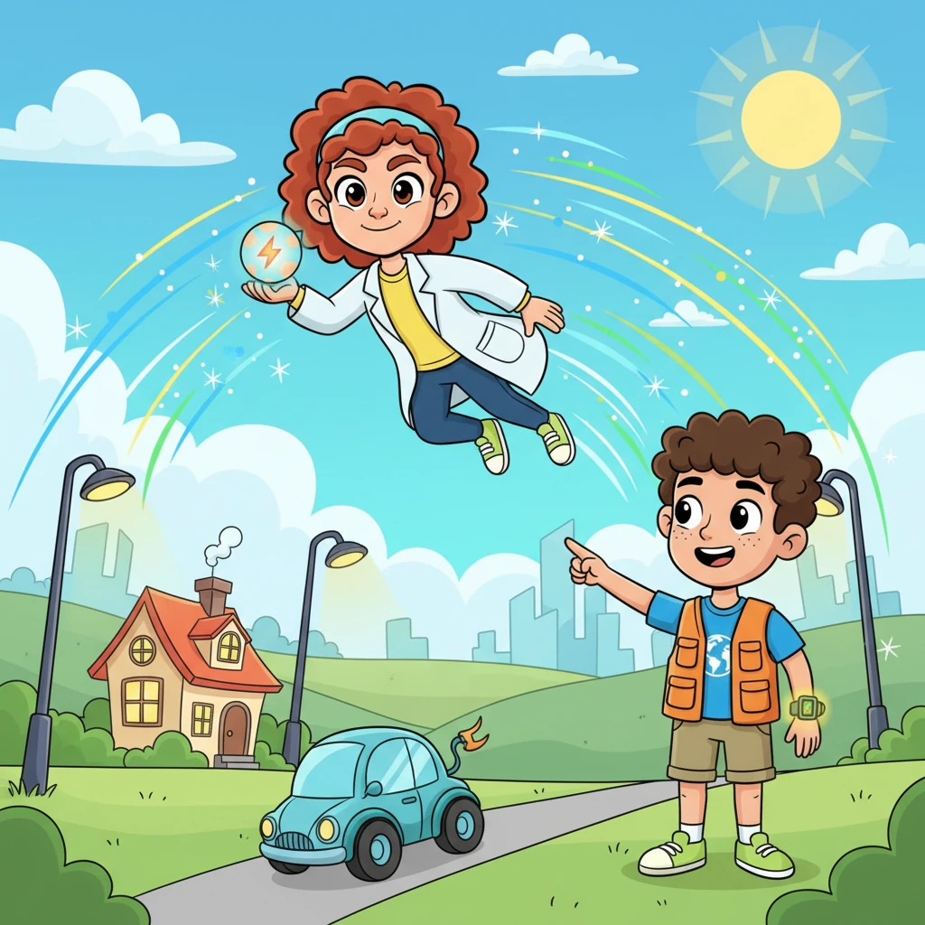 Hoppy explains how he can power lights, cars, and homes without any yucky smoke, making the world sparkle. He zooms around excitedly, demonstrating his clean power.