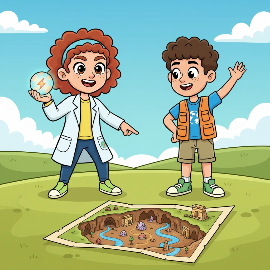 Dr. Sparkle, with a twinkle in her eye, points to a map showing the ground beneath their feet. 'What about deep down below, in the secret places of the earth?' she exclaims with a grin.