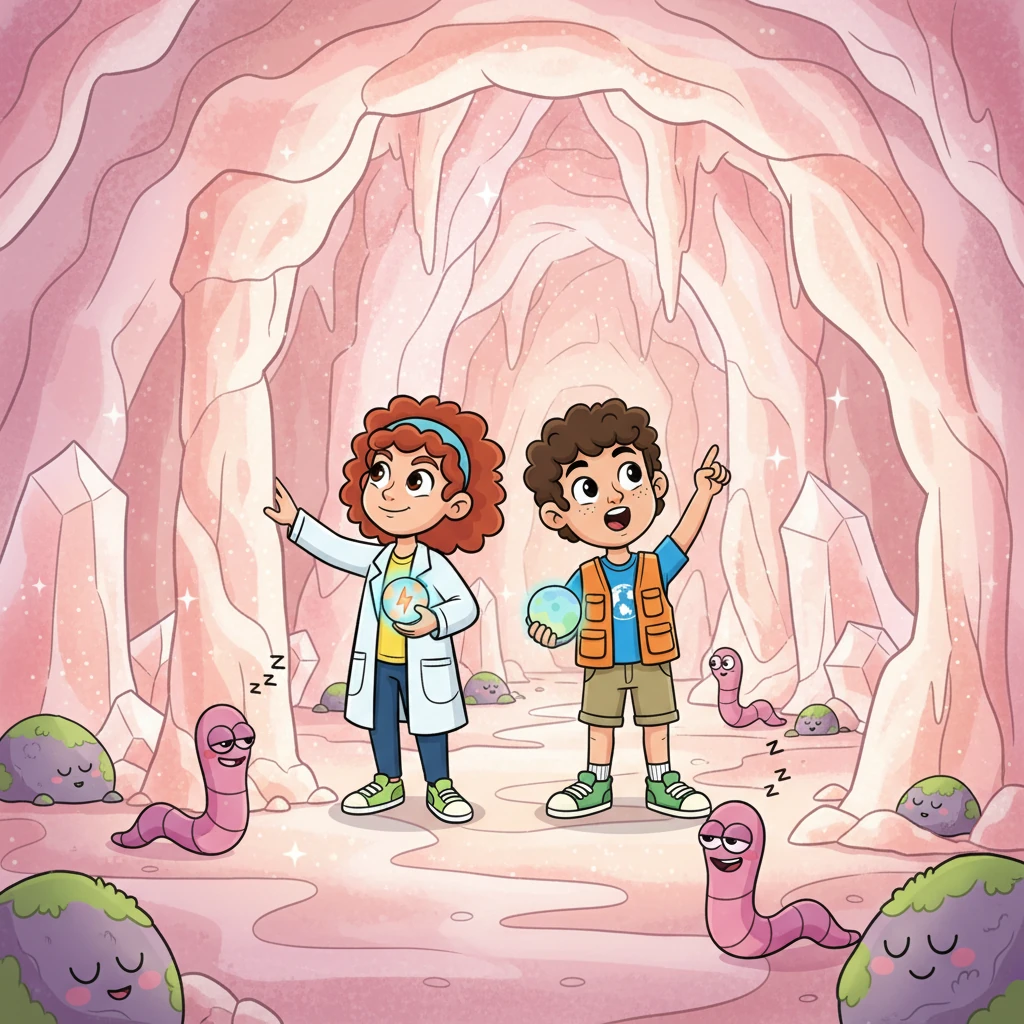They journey deep underground, past wiggling worms and sleepy rocks, until they discover a magnificent, cavernous space made of sparkling salt. It looks like a giant, natural bubble!